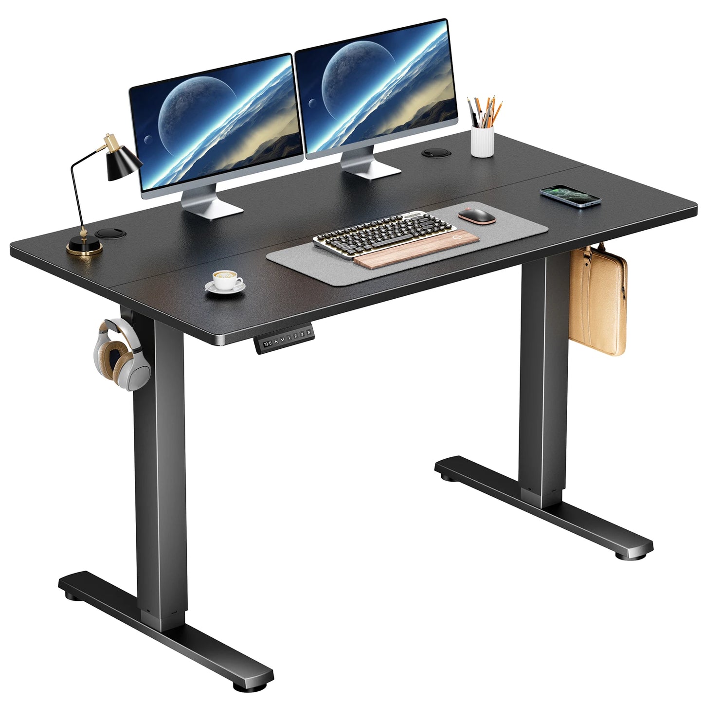 Height-adjustable standing desk with black top and white frame.