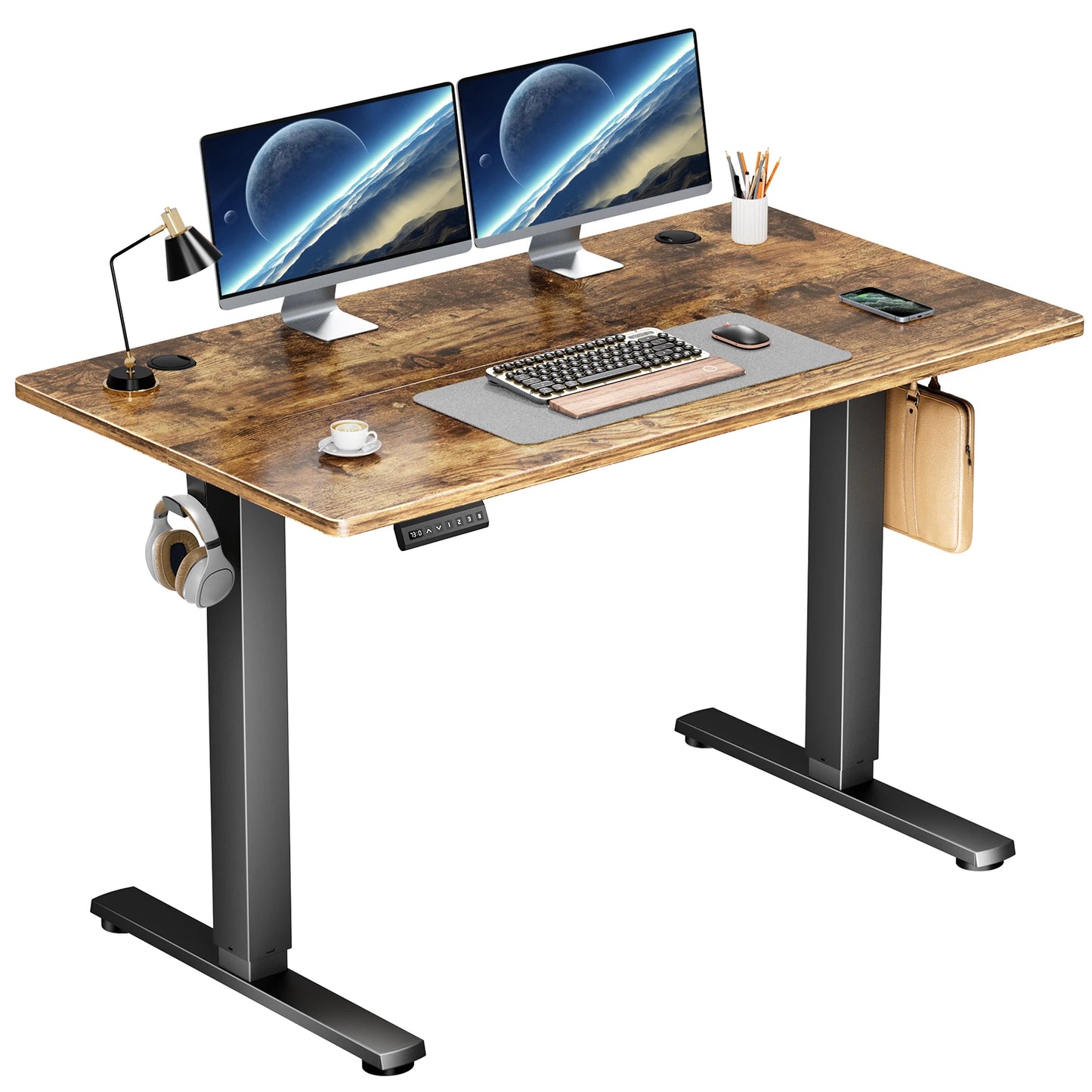 Height-adjustable standing desk with rustic wood top and black frame.