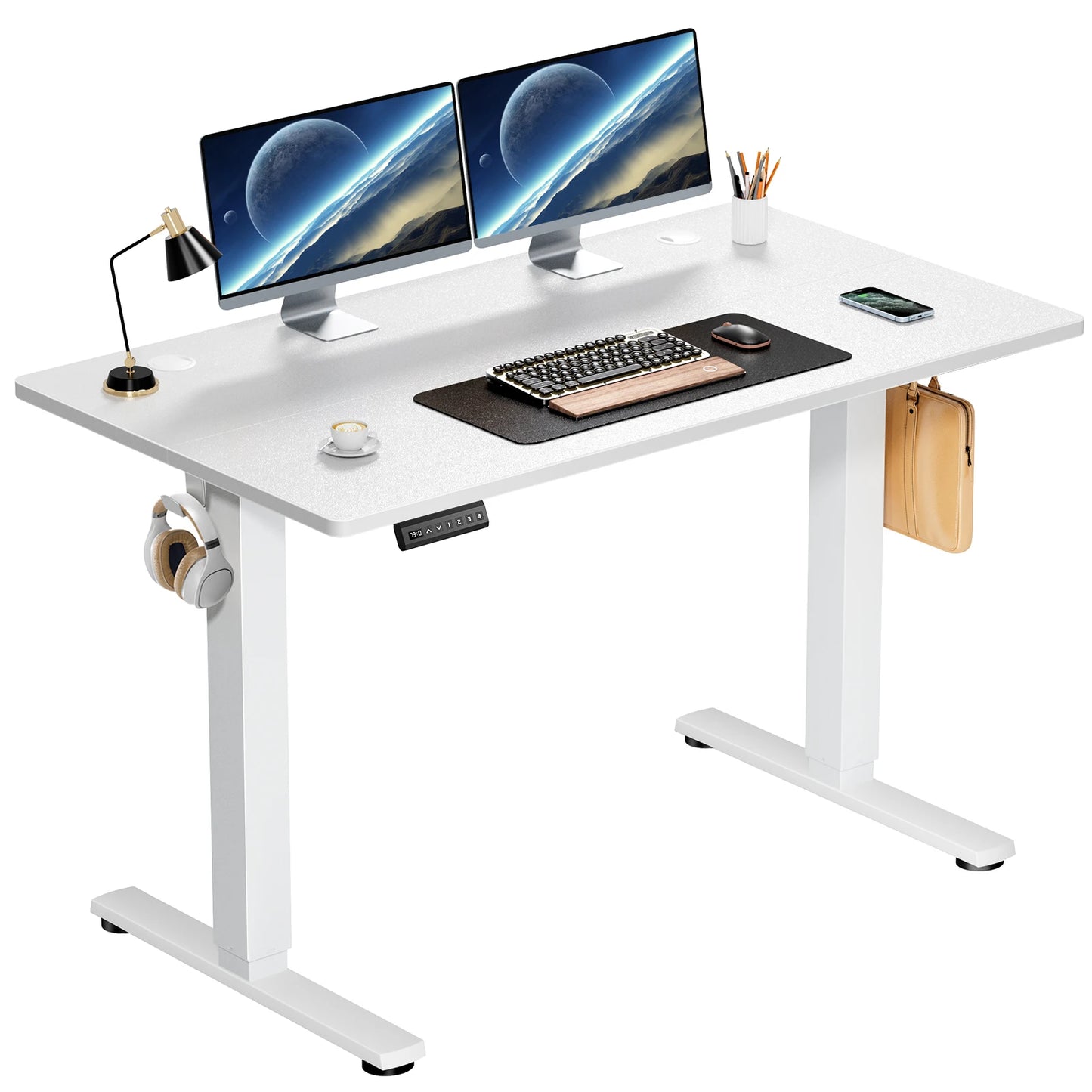 Height adjustable standing desk with white top and white frame.